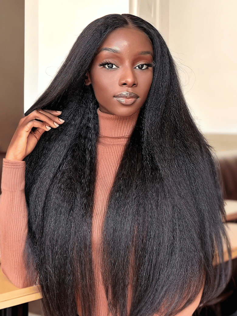 [Limited Time Offer] Lace Part Kinky Straight Natural Black Pre-plucked Human Hair Wigs Breathable No Baby Hair 130% Density
