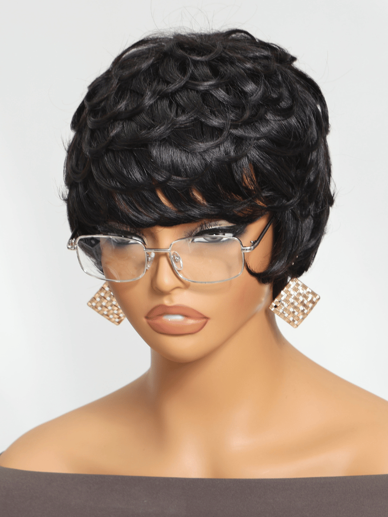 UNice Short Pixie Cut Human Hair Glueless Wig With Wispy Bangs