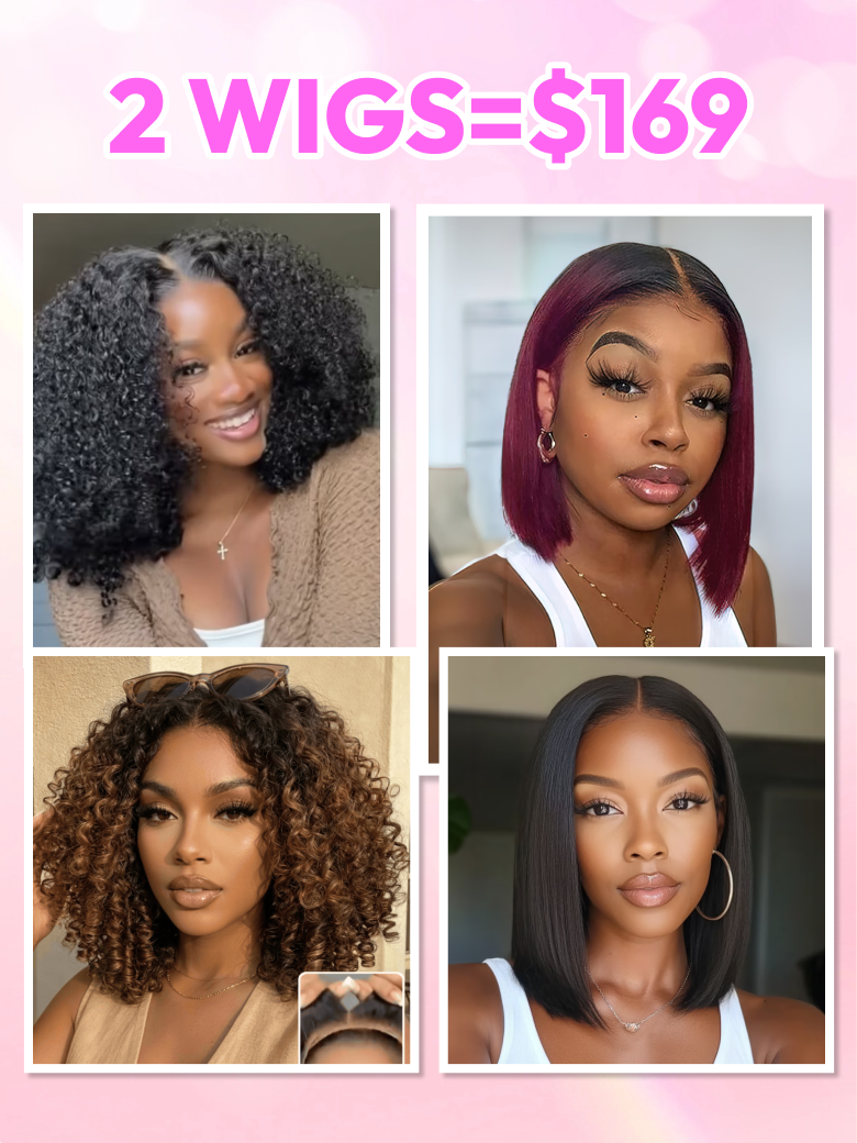 2 Wigs Start From $149 for 100% Human Hair Wig 10" And 4x2 Lace Kinky Curly Wig 20"