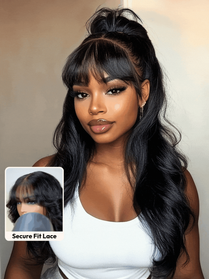 [Ship within 24H] UNice 7x5 Bye-Bye Knots™ HD Lace Frontal Pull And Go Black Fluffy Natural & Balayage Highlights Loose Wave Wispy Bangs Wig