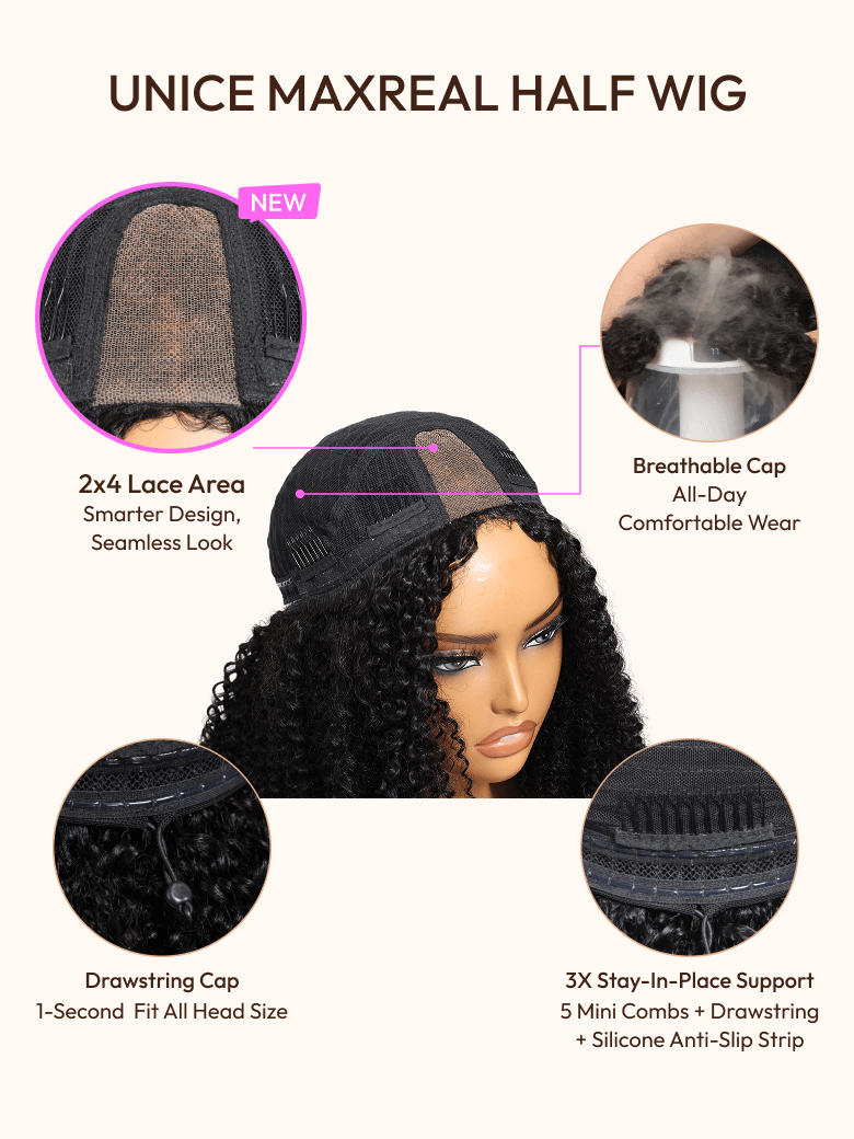UNice Blend & Secure Half Wig Kinky Curly Glueless Wig for Beginners