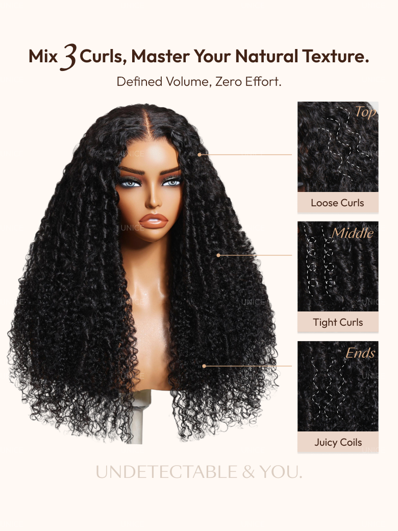 UNice Bye-Bye Knots™ 7x5 Lace Black Defined Coils 3C-4A Blend Curly Wig with Invisi Drawstring