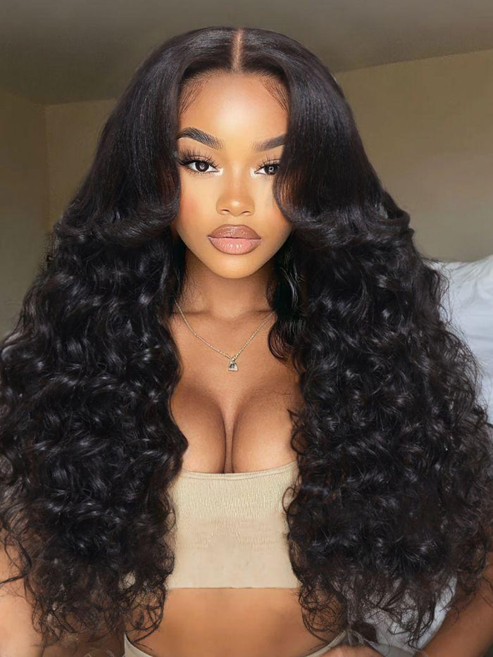 20"-24" 13x4/7x5 Lace Yaki Loose Wave/Water Wave Curly/Loose Wave With bangs Wig & Invisi Drawstring