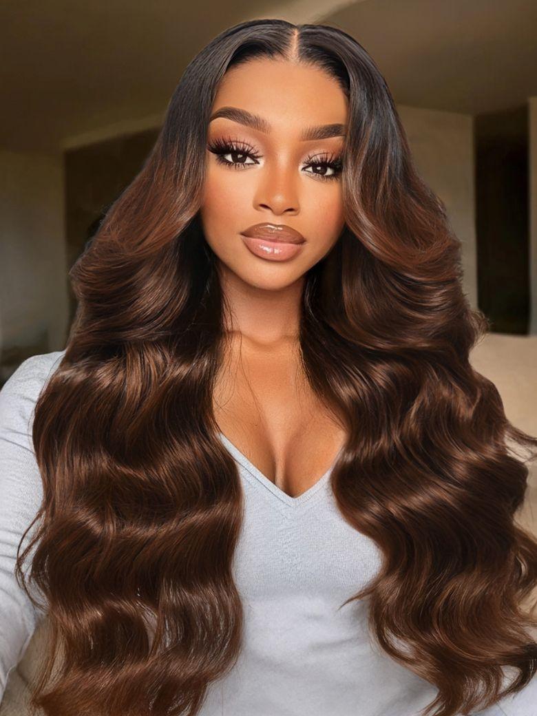 UNice 13x4 Pre-Everything Lace Frontal Coffee Brown Loose Wave Glueless Drawstring Wig with Layered Curtain Bangs