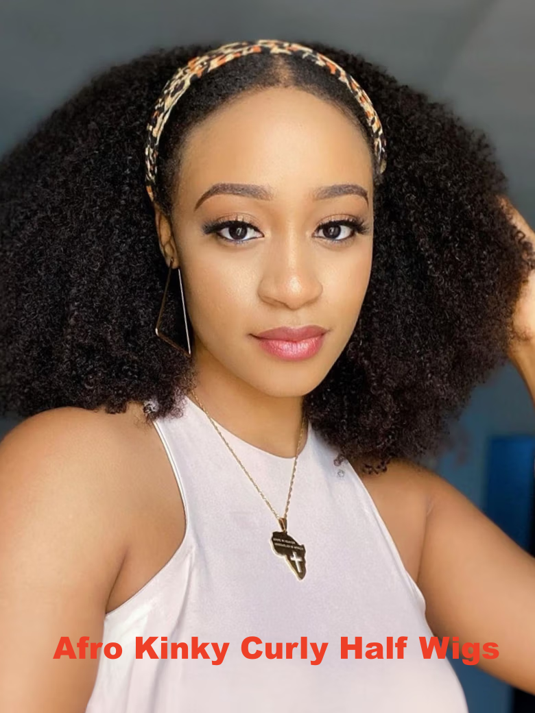 From 22'' Low Maintenance Put On & Go Chestnut Brown Ombre Yaki Straight Headband& Black Afro Kinky Curly Half Wigs 150% Density Wig Human Hair Glueless Wig