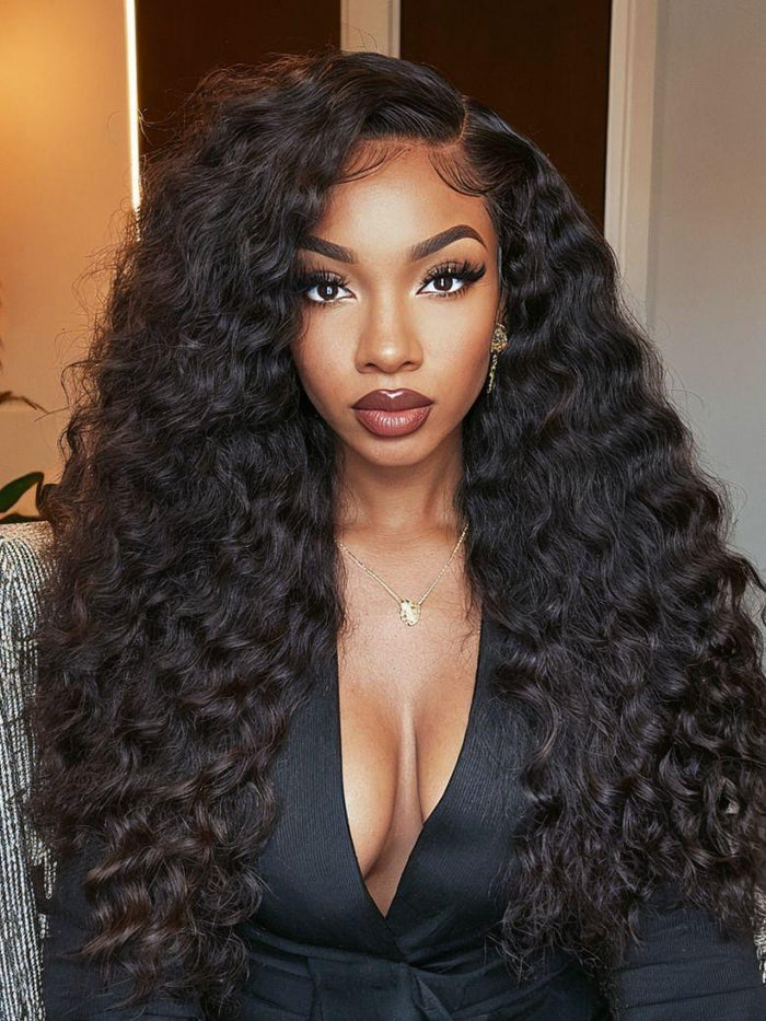 HD 5x5 Invisible Lace Pre-cut Glueless Deep Wave Wig 180% Density Natural Hair Line