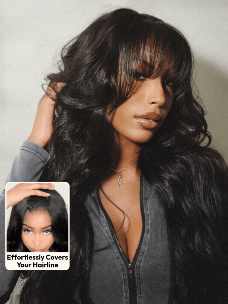 [20''=$129] 180% Density 7x5 Byebye Knots Lace Frontal Fluffy Layer Natural Loose Wave Wig With Air Bangs