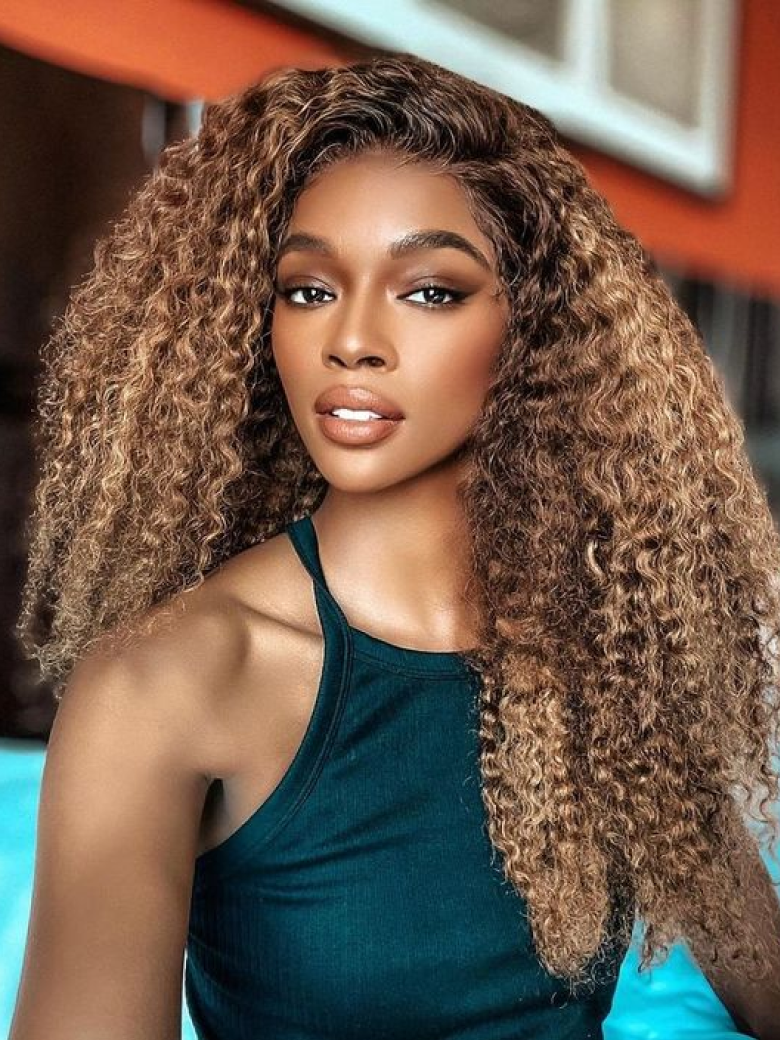 [16"/180% Density=$89] Bye Bye Knots Wig 7x5 Glueless Lace Honey Blonde Jerry Curly Bleached Knots Wig Small Head Friendly
