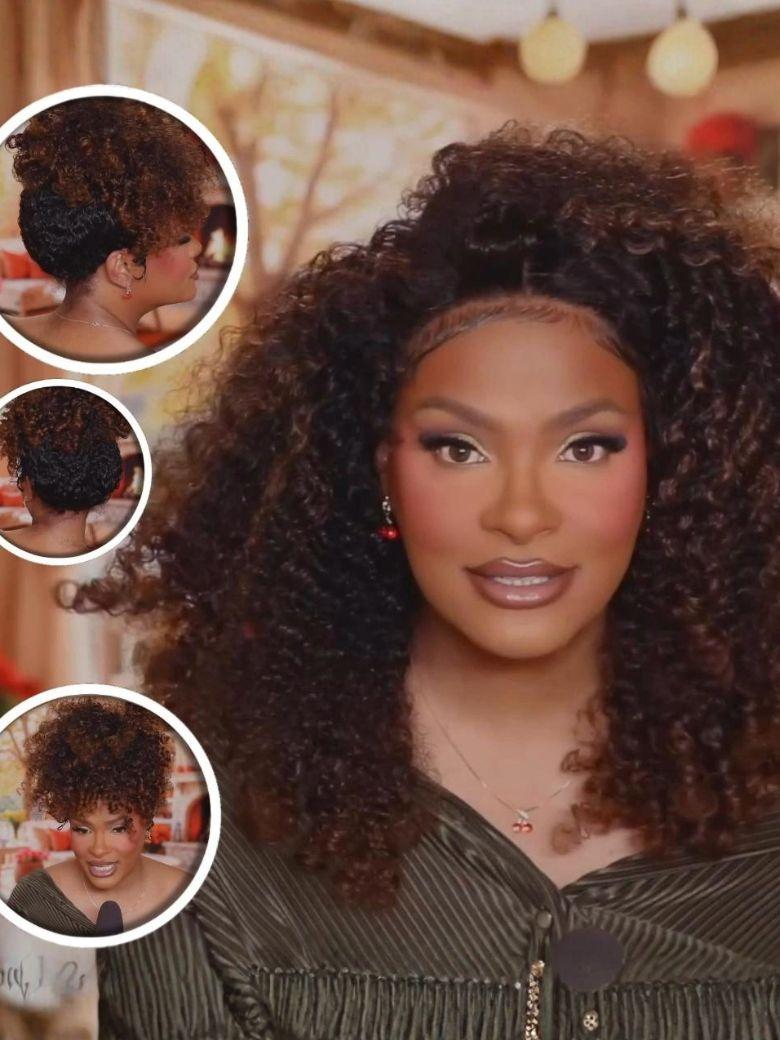 [With Drawstring] Glueless Curly Wig With Defined Finger Coil Ends Black to Chestnut Brown Ombre 7x5 Bye-Bye Knots™ 7x5 Wig