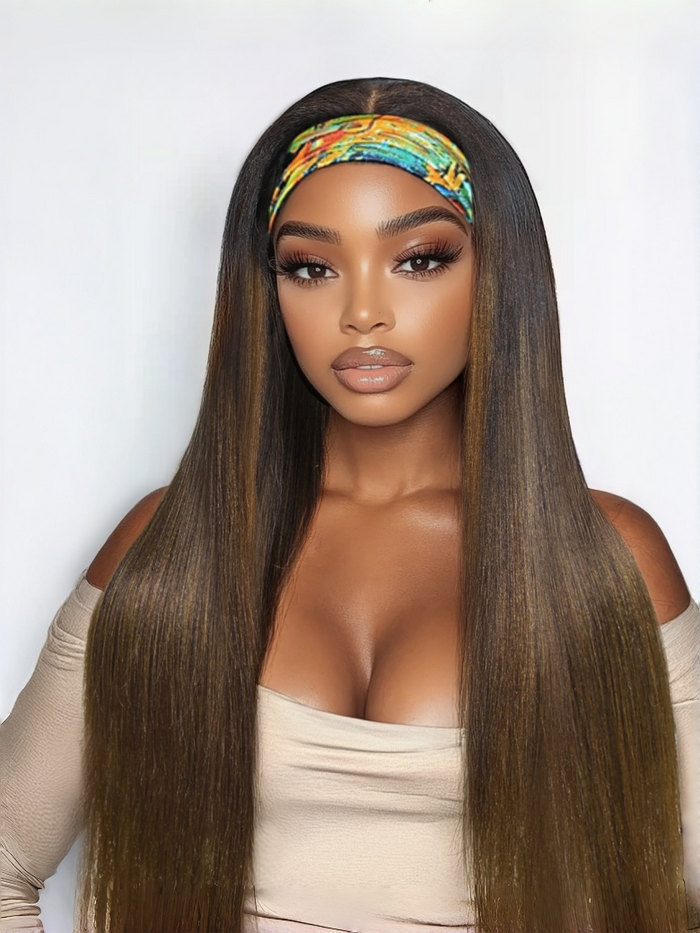 Low Maintenance Put On & Go Yaki Straight Headband Black To Chestnut Brown Ombre Human Hair Glueless Wig
