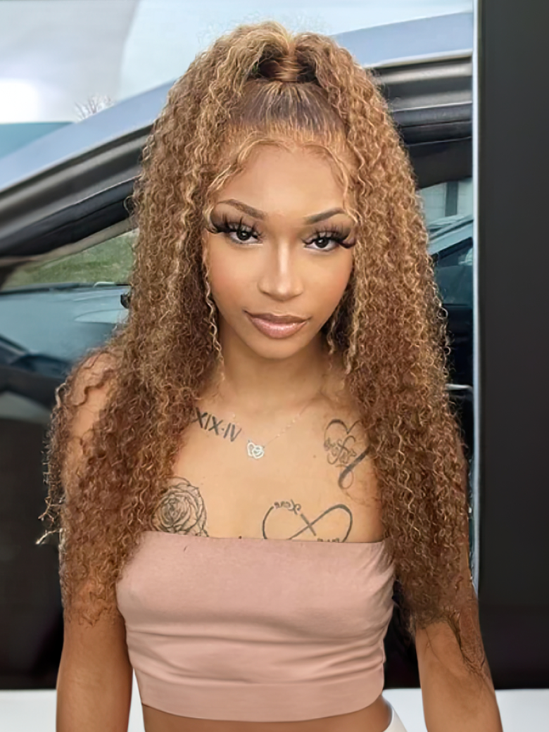 [From 20"] 200% Density 6x4.5 Pre Cut Lace 200% Density Honey Blonde Highlights Perfect Color Curly Air Wig