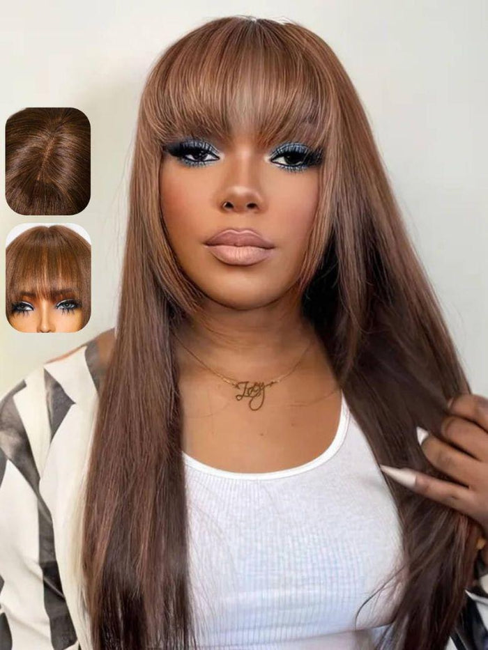 16 Inch Yaki Straight Human Hair Wigs with Bangs Chocolate Brown Layered Cut 4x2 Glueless Lace Wigs Ready to Wear Wig