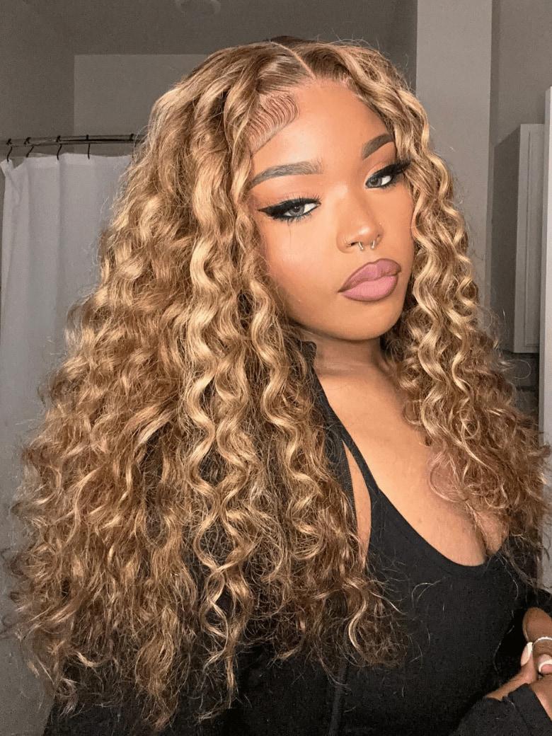 [200% Density from 22"] 6x4.5 Pre Cut Lace Curly Wig Put On And Go Quick Easy Honey Blonde Body Wave & Water Wave Wig