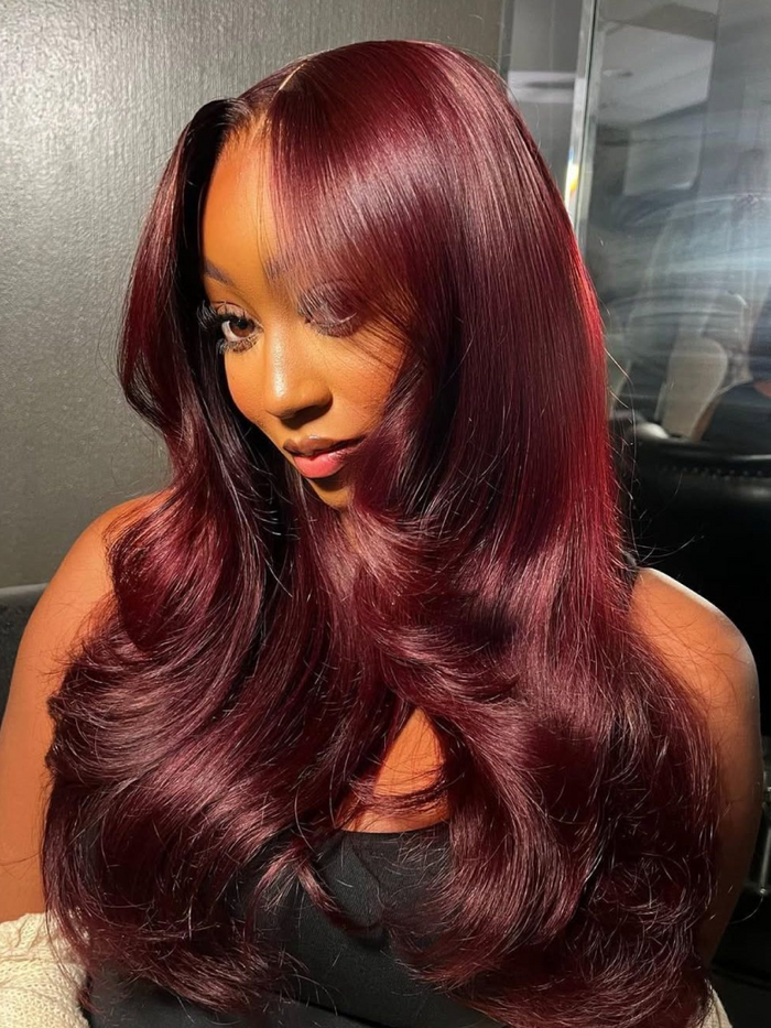 [18"=$79 | 24"=$129] Natural Layer Cut 7x5 ByeBye Knots™ Super Melted Lace Frontal Black Cherry Layered Straight Wig