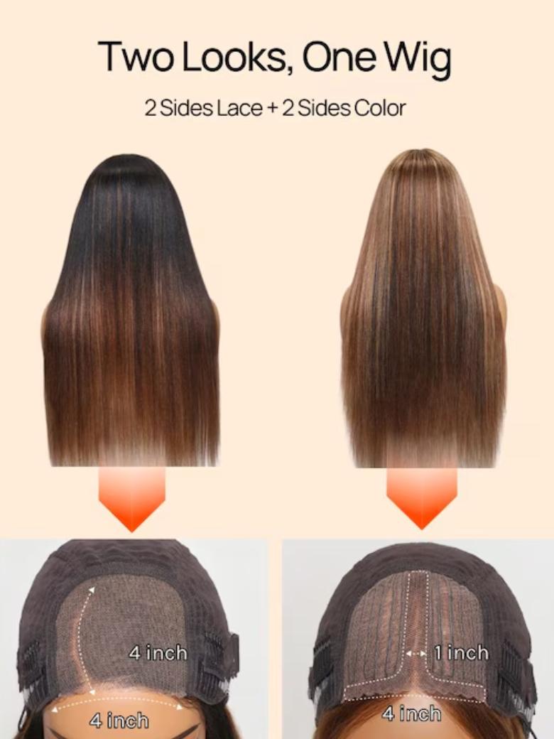 Double Wear 4x4 Yaki Straight Wig Ombre Chestnut Brown & Honey Blonde Higlight 2 Styles In 1 Put On And Go Wig