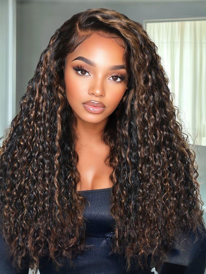 7x5 Bye-Bye Knots Black Wig With Golden Brown Highlights & Natural Black 150% Density Perfect Beach Look for Summer Limited Sale