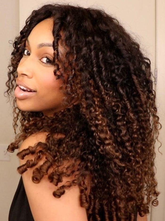 Glueless Curly Wig With Defined Finger Coil Ends 100% Human Hair Black to Chestnut Brown Ombre Bye-Bye Knots™ 7x5 Lace Drawstring Wig
