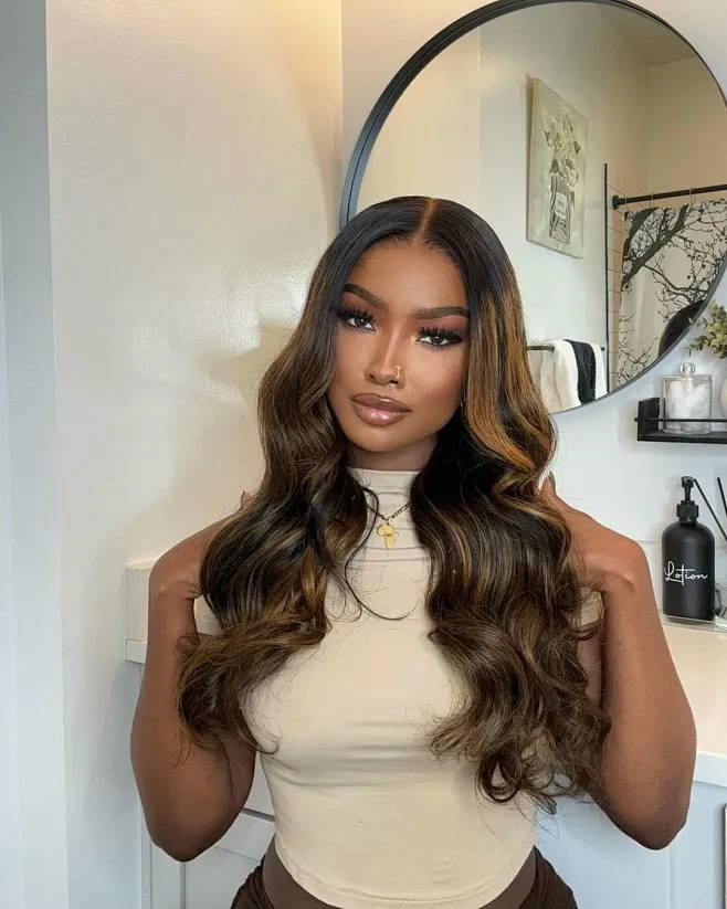 Unice Brown Hair With Highlights Body Wave Wig With Face Framing Layers Beginner Friendly V Part 150% Density