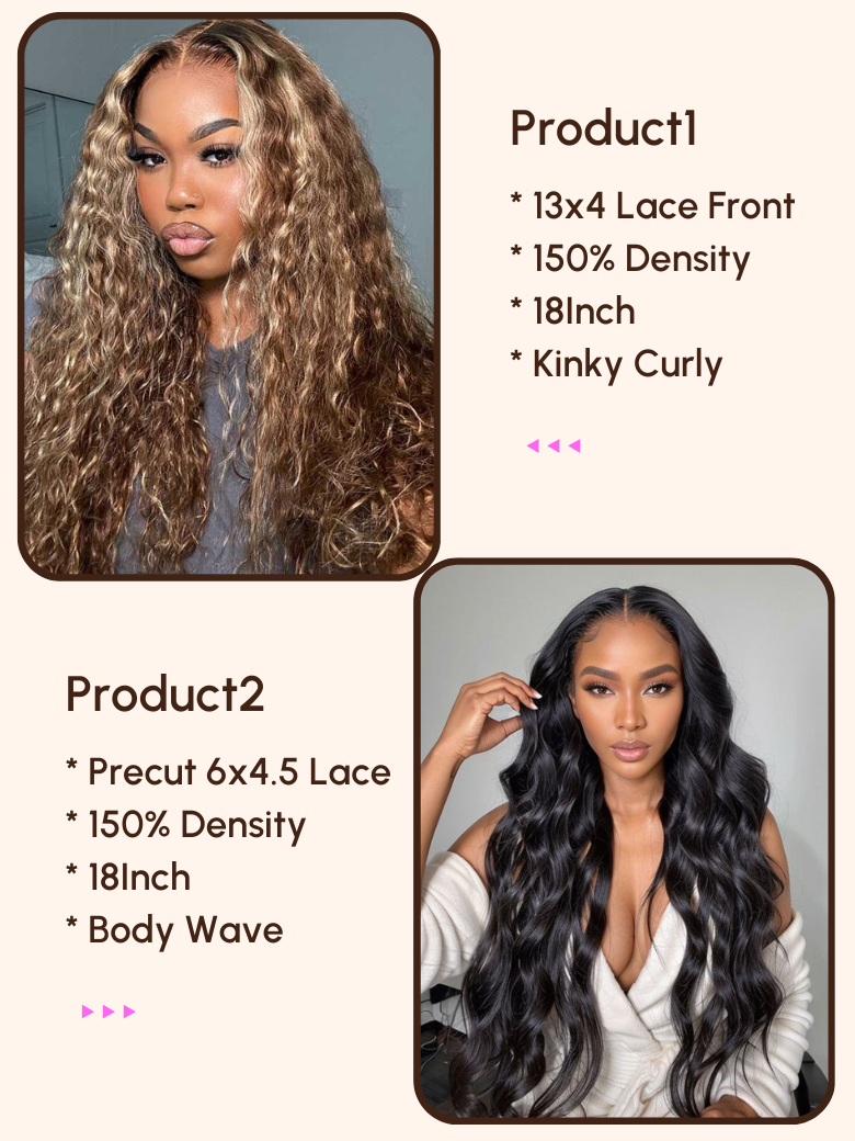 2 Wigs $202 for 18" 13x4 Lace Front Honey Blonde Curly Wig and 18" Precut 6x4.5 Lace Body Wave Wig