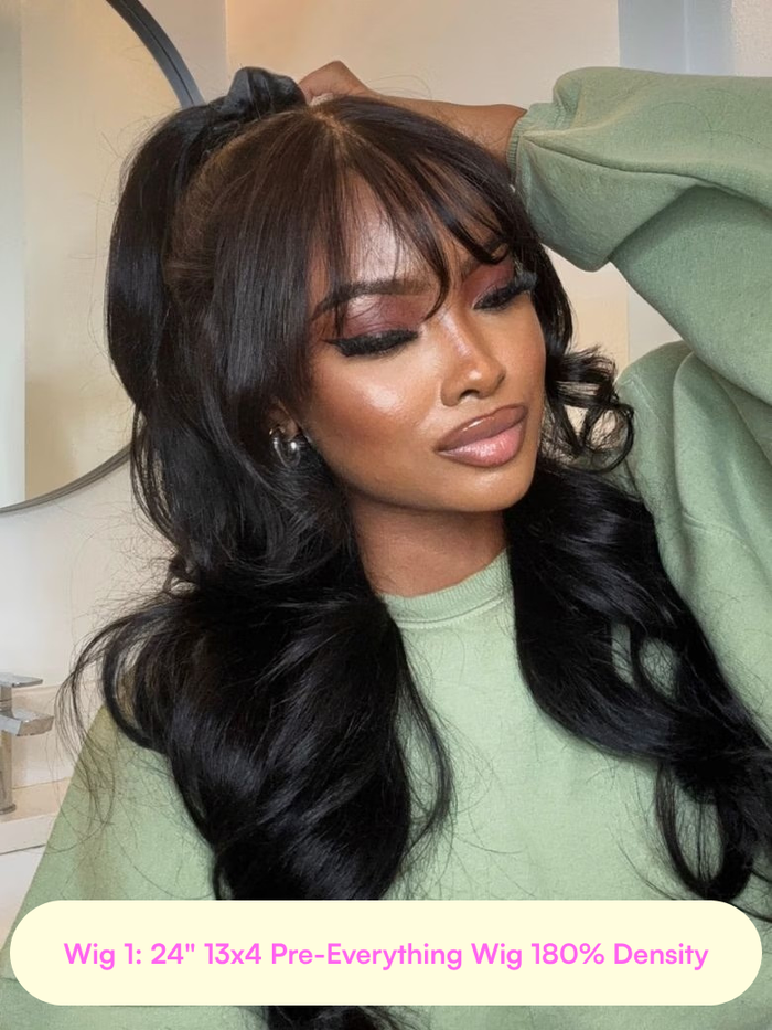 [24"=$99，22''=$89] 13x4 Pre-Everything Lace Frontal Black Fluffy Natural Loose Wave Curtain Bangs Wig & 7x5 Lace Balayage Highlight Curly Wig
