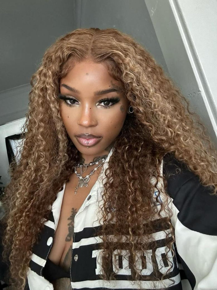 [24 Inch] 13x4 Pre-Everything Lace Frontal Honey Blonde Highlights Jerry Curly Wig Real Ear To Ear Super Secure
