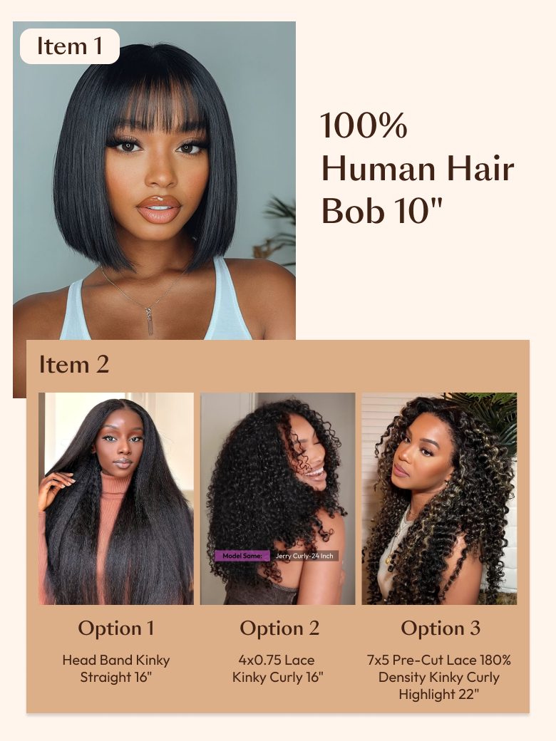 2 Wigs $99 for 4x0.75 Lace Kinky Curly 16" And 100% Human Hair Bob Wig 10"