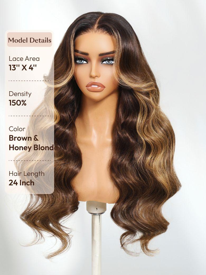 UNice 13x4 Pre-Everything™ Lace Frontal Brown with Honey Blonde Highlights Loose Wave Drawstring Wig with Face Framing Layers
