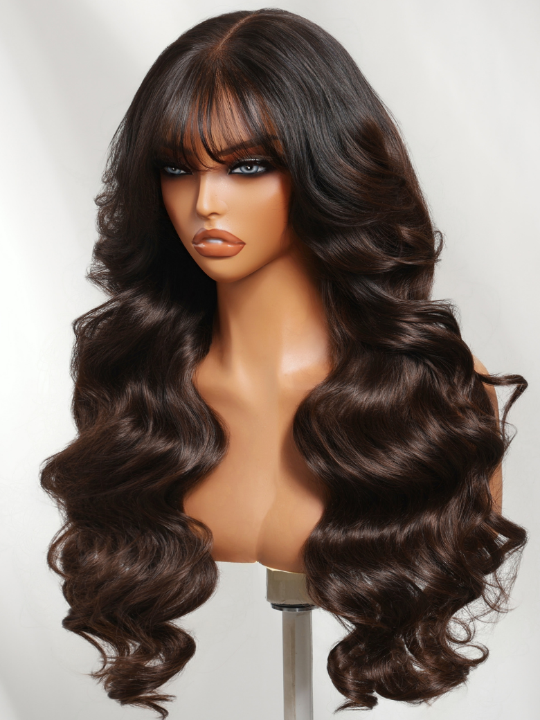 UNice 7x5 Bye Bye Slip™ Lace Black to Chocolate Brown Ombre Fluffy Loose Wave Wig with Wispy Bangs