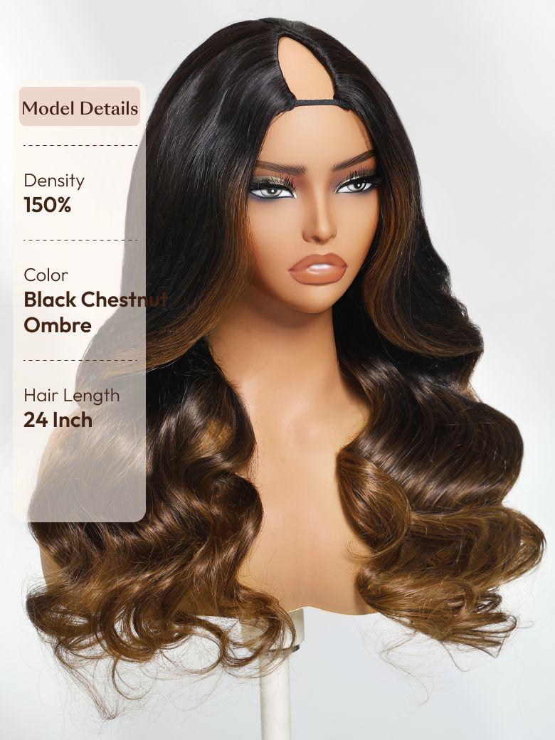 UNice EasiContour™ V Part Black to Chestnut Brown Ombre Body Wave Wig With Invisi Drawstring