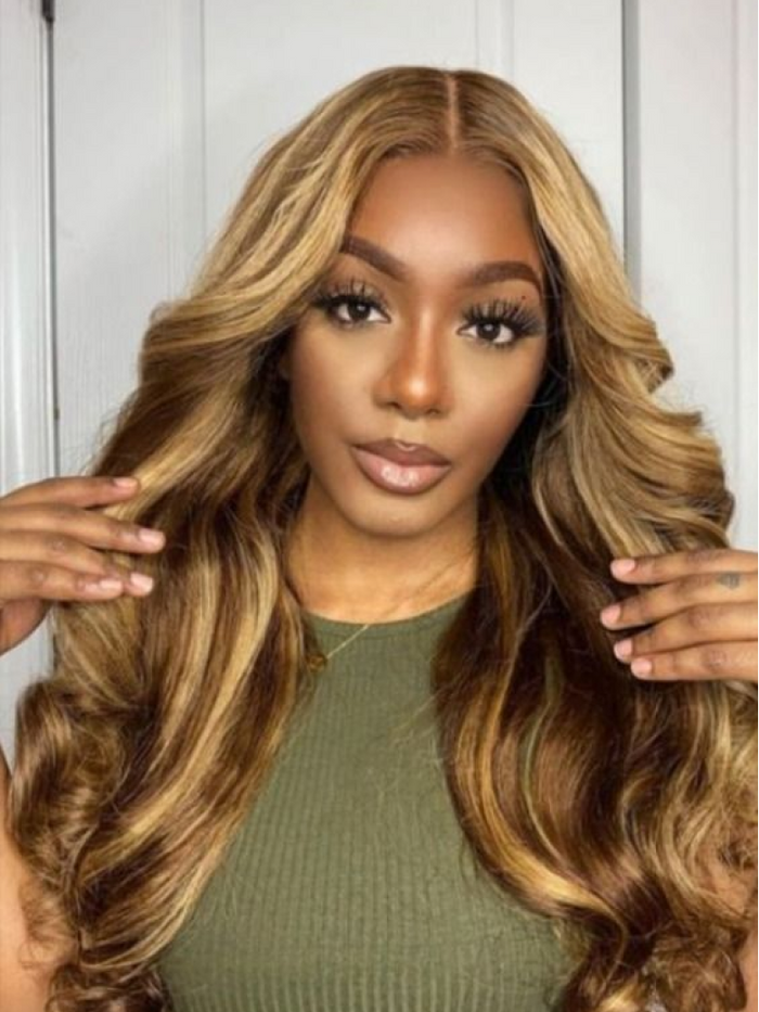 [22"=$99] 4x4 Lace Closure Wig Honey Blonde Highlights Body Wave 150% Densiyt Wig