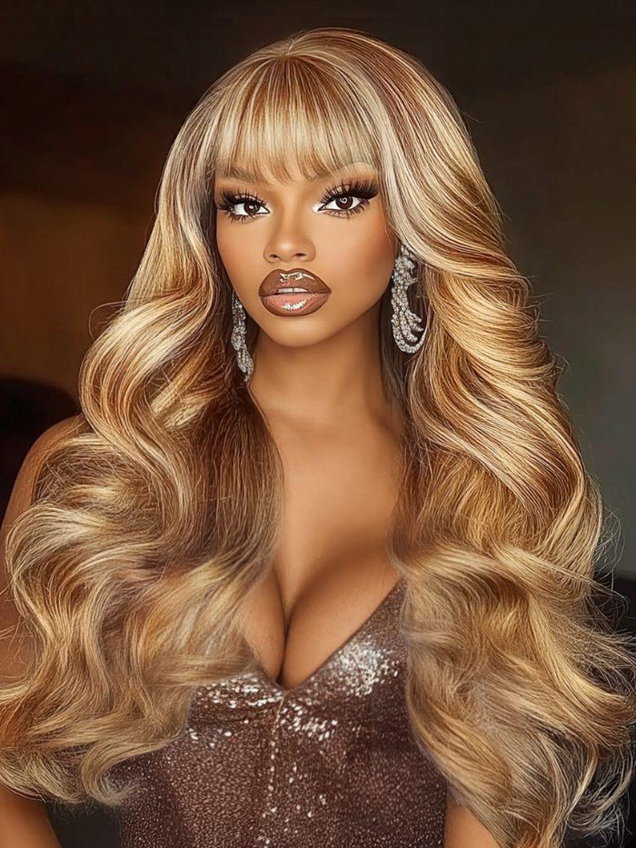 [24"=$129] 13x4 Pre-Everything™ Lace Frontal Honey Blonde Highlights Fluffy Loose Wave Full Bangs Wig
