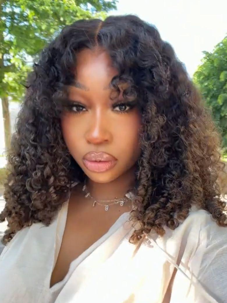 7x5 Bye Bye Slip™ Glueless Lace Black to Chestnut Brown Ombre Burmese Curly With Finger Coil Ends Wig-Put On & Go With Invisi Drawstring