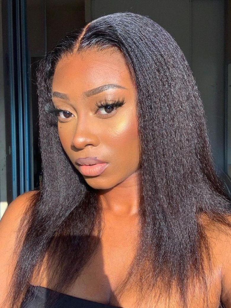 [From 18"] 6x4.5 Pre Cut Lace Put On And Go Glueless Kinky Straight 150% Density Black Air Wig