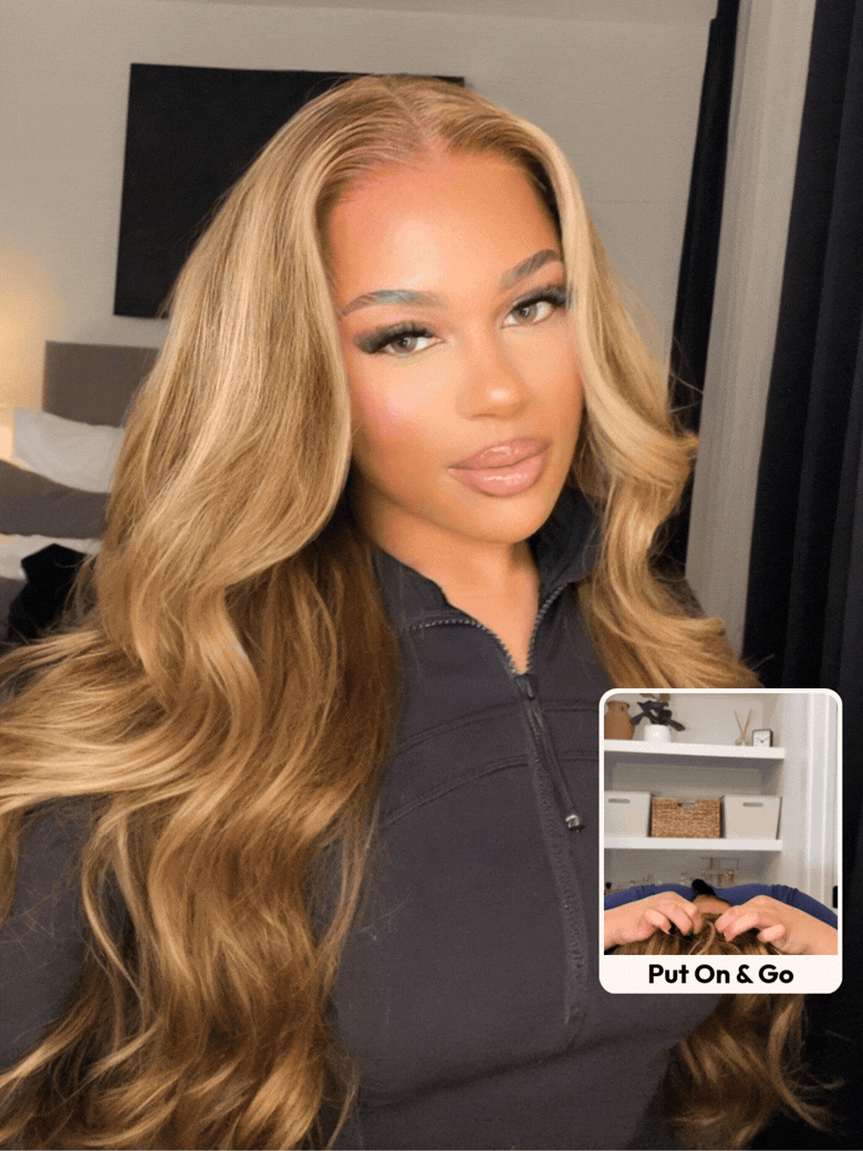 [Free Wig For All Length] Bye-Bye Knots Wig With Drawstring Pre-Cut 7x5 Glueless Lace Honey Blonde Body Wave Wig