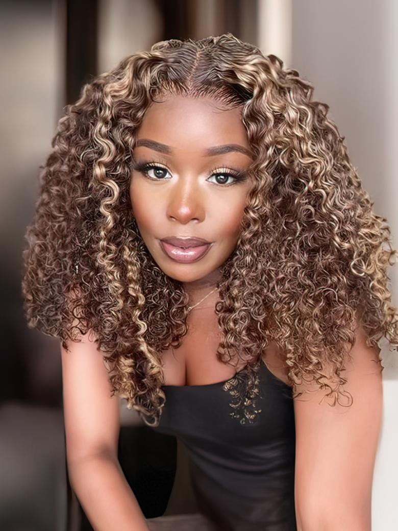 [16"/180% Density=$89] Bye Bye Knots Wig 7x5 Glueless Lace Honey Blonde Jerry Curly Bleached Knots Wig Small Head Friendly
