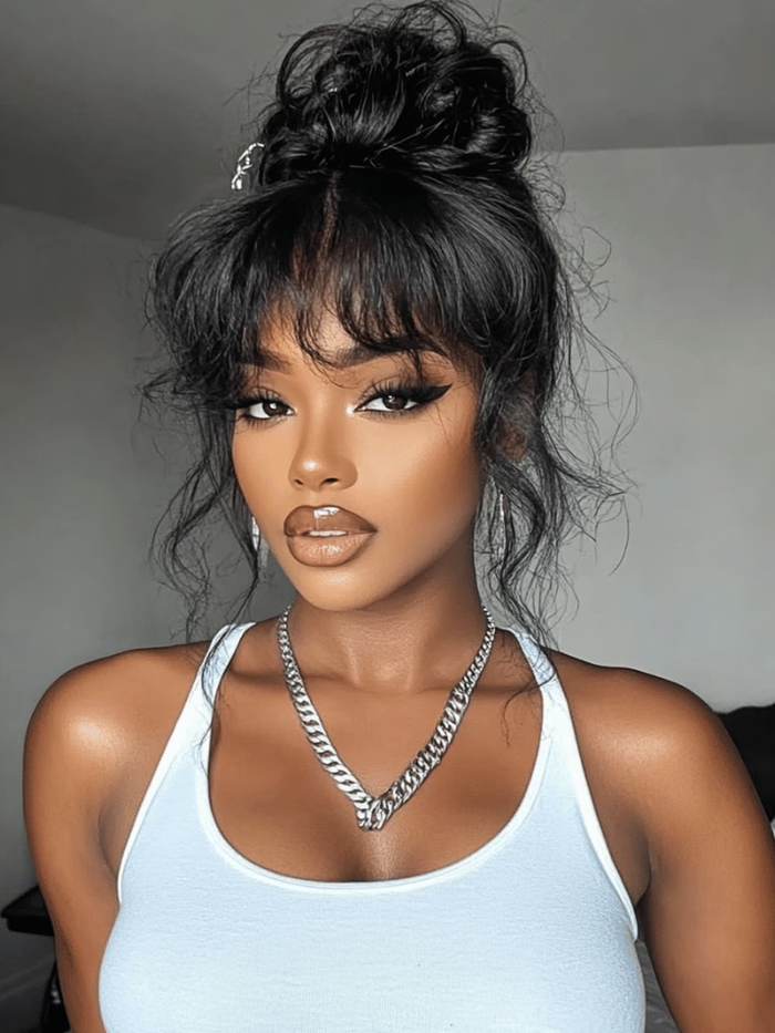 From 24'' 13x4 Pre-Everything™ Lace Front Black Fluffy Natural Bouncy Loose Wave Curtain Bangs Wig