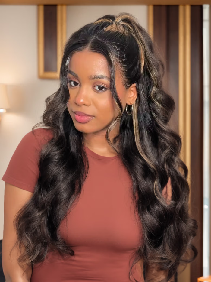[22-24"] Bye Bye Knots Wigs 7x5 / 6X4.5/ 13X4 Pre-Cut Lace Honey Brown Highlights/ Reddish Brown/ Natural Black Jerry Curly Wig With Bleached Knots
