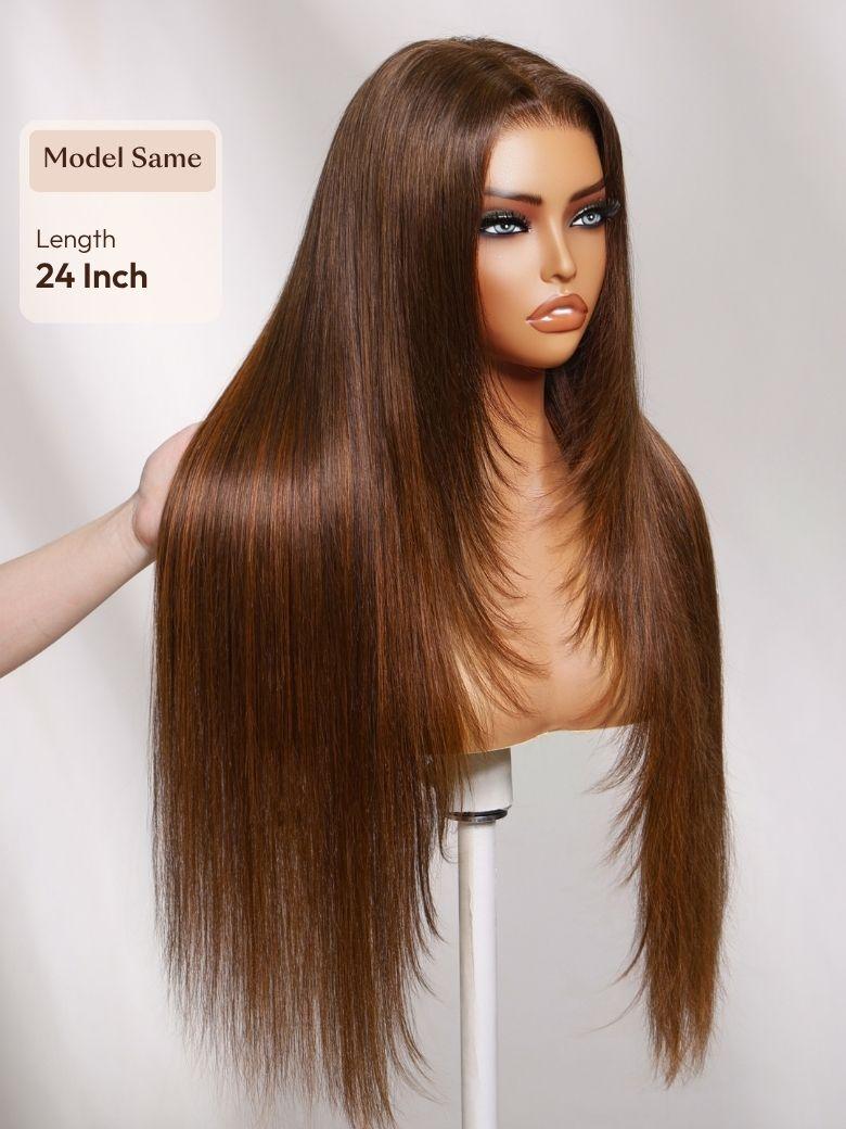 UNice 7x5 Bye-Bye Slip™ Lace Rich Brown with Golden Copper Highlights Layered Straight Glueless Wig with Invisi Drawstring