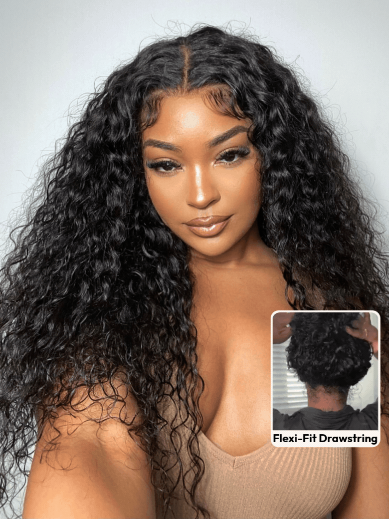 A model wears a long, dark water wave wig with a wet-look finish. The high-definition lace creates a seamless, realistic hairline and natural scalp effect.
