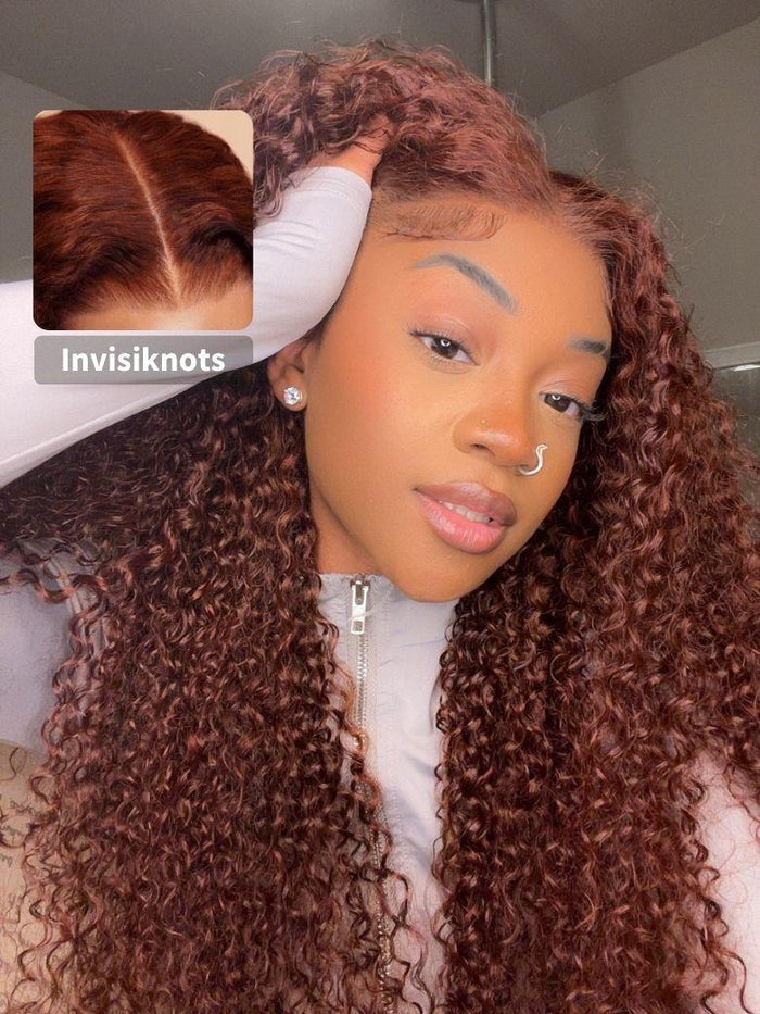 24'' 13x4 Pre-Everything Glueless Lace Reddish Brown Bouncy Curly Wig With Baby Hair Bleached Knots 200% Density