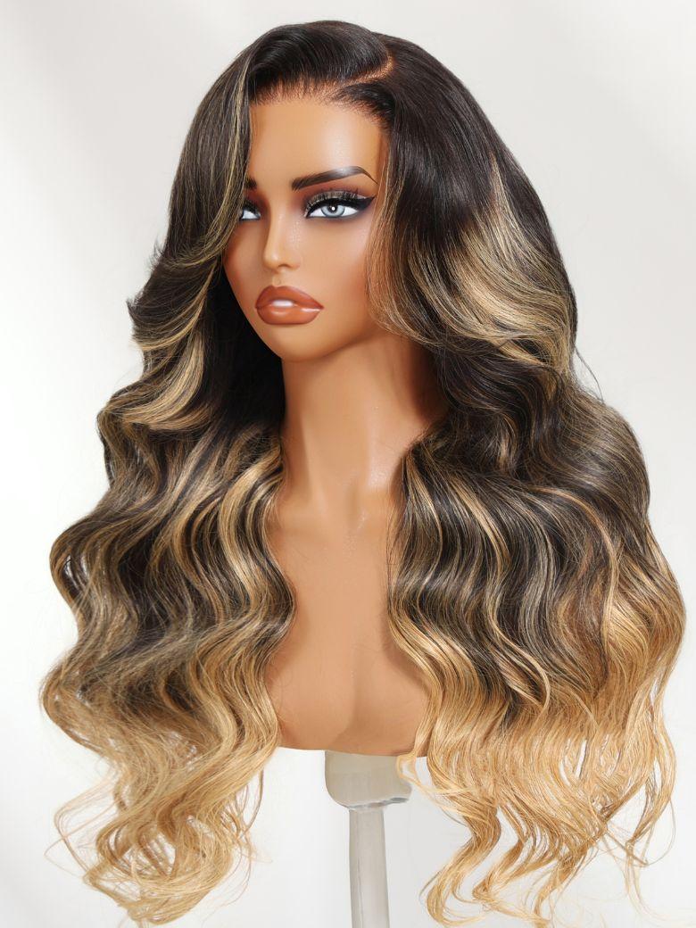 UNice Bye-Bye Knots™ Black With Blonde Highlights 7x5 Lace Loose Wave Wig With Face Framing Layers