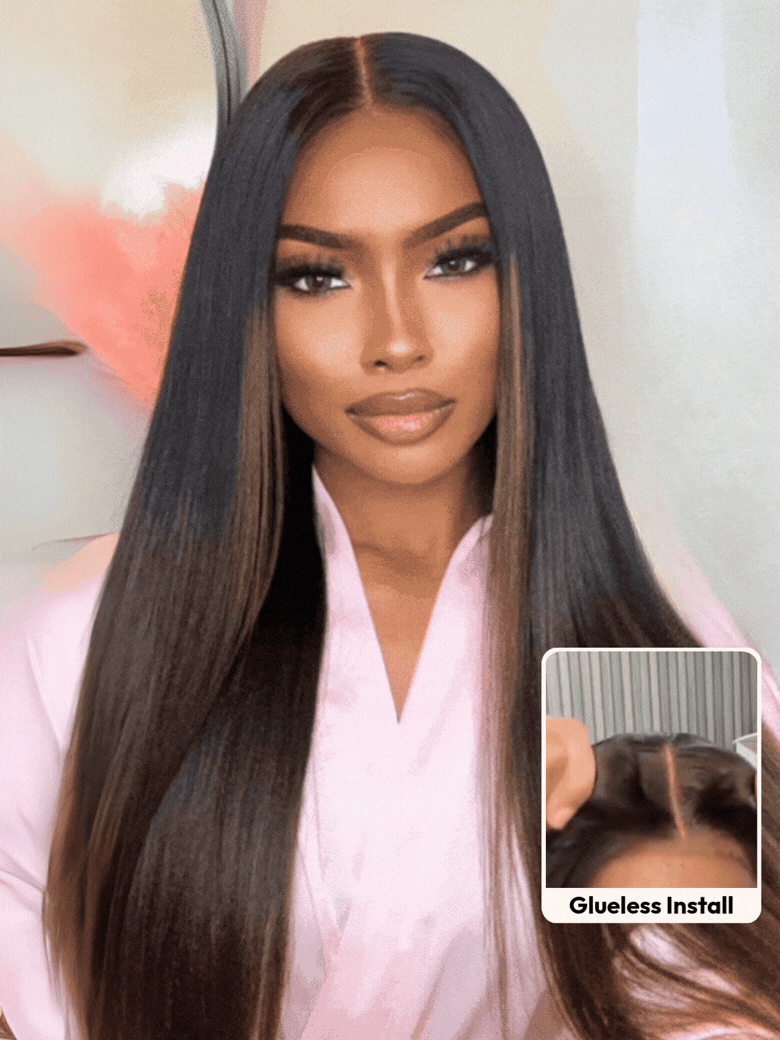 UNice Bye-Bye Knots 7x5 Lace Black to Chestnut Brown Ombre Yaki Straight Wig With Invisi Drawstring & Loose Wave Wig