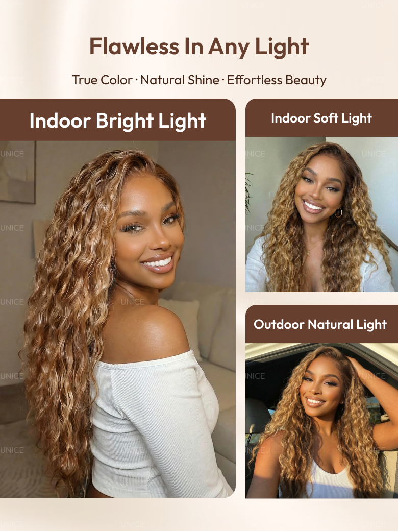 UNice 13x4 Pre-Everything™ Lace Frontal Caramel Brown With Honey Blonde Highlights Water Wave Glueless Drawstring Wig
