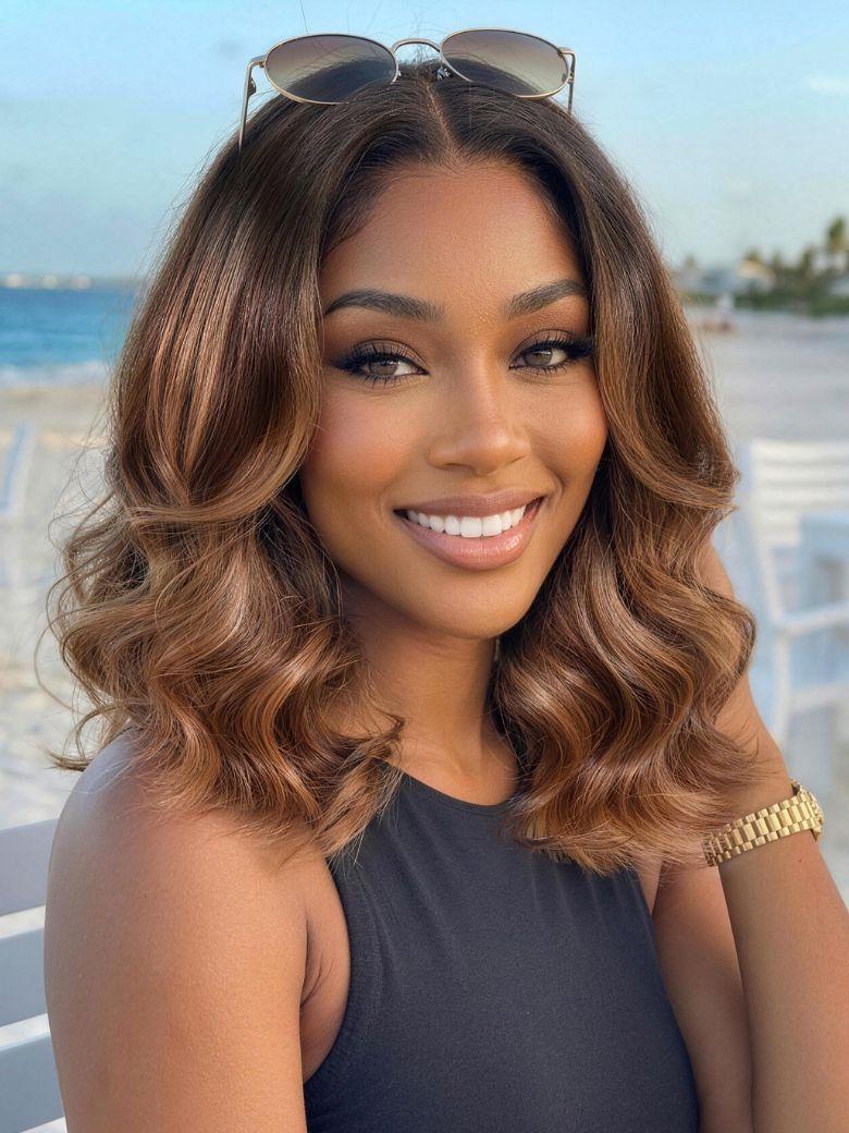 UNice 13x4 Bye Bye Slip™ Lace Frontal Brown with Caramel Highlights Glueless Curly Wig with Dark Roots