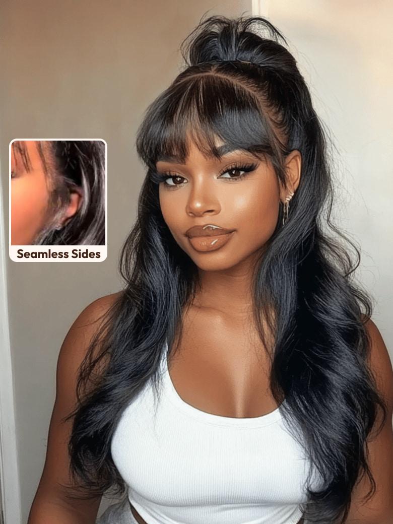 UNice 7x5 Bye-Bye Knots™ & 13x4 Pre-Everything™ Lace Frontal Black Fluffy Natural Loose Wave Curtain Bangs Seamless Sides Wig with Invisi Drawstring