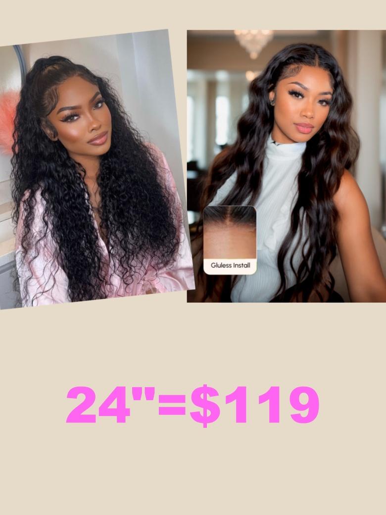13x4/7x5 Bye-bye Knots Lace Natural Black Water Wave Curly Drawstring Wig& 5X5 HD Pre Cut Body Wave Wig