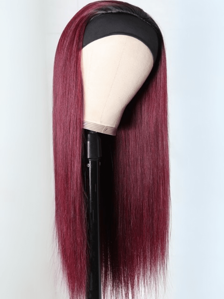[BOGO FREE] 20 Inch Ombre 99j Wine Red Color Straight Human Hair Headband Wig With Black Root