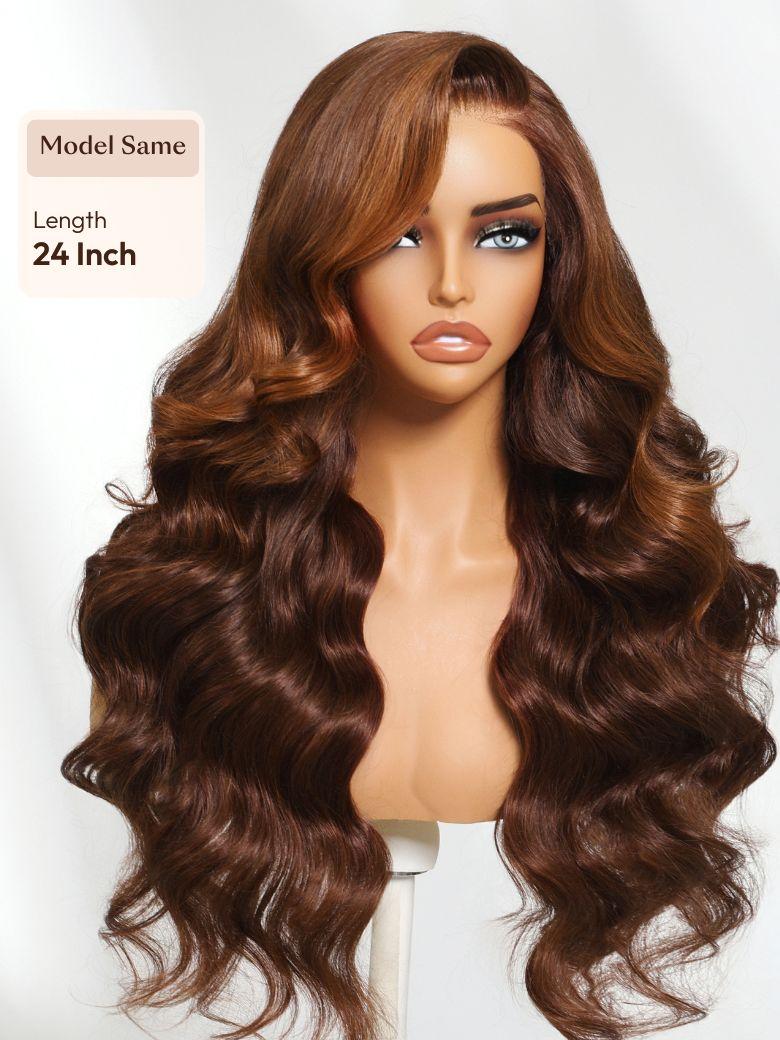 UNice 13x4 Pre-Everything™ Lace Frontal Cinnamon Brown Body Wave Drawstring Wig with Side-Swept Bangs