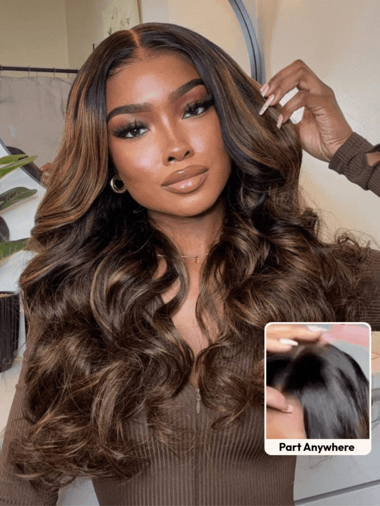 7x5 Bye Bye Slip™ Balayage Highlight Body Wave & Curtain Bangs Wig – Glueless Lace Pull & Go with Invisi Drawstring