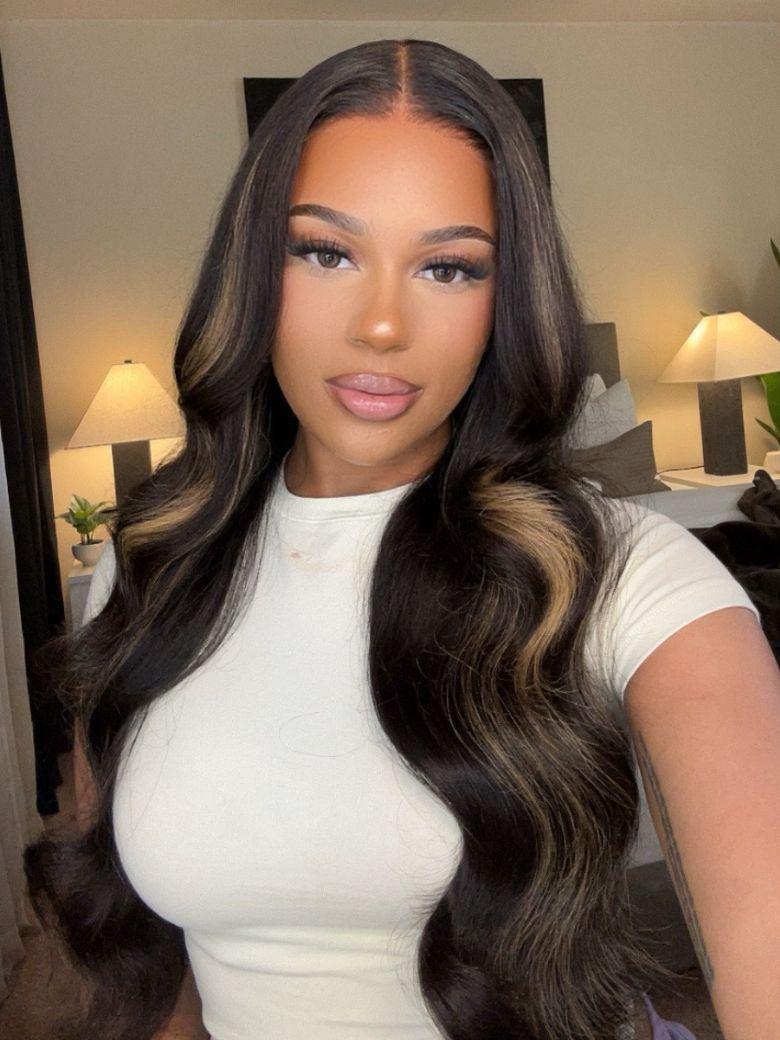 7x5 Bye Bye Knots™ Glueless Lace Wig Black With Blonde Highlights Body Wave Wig